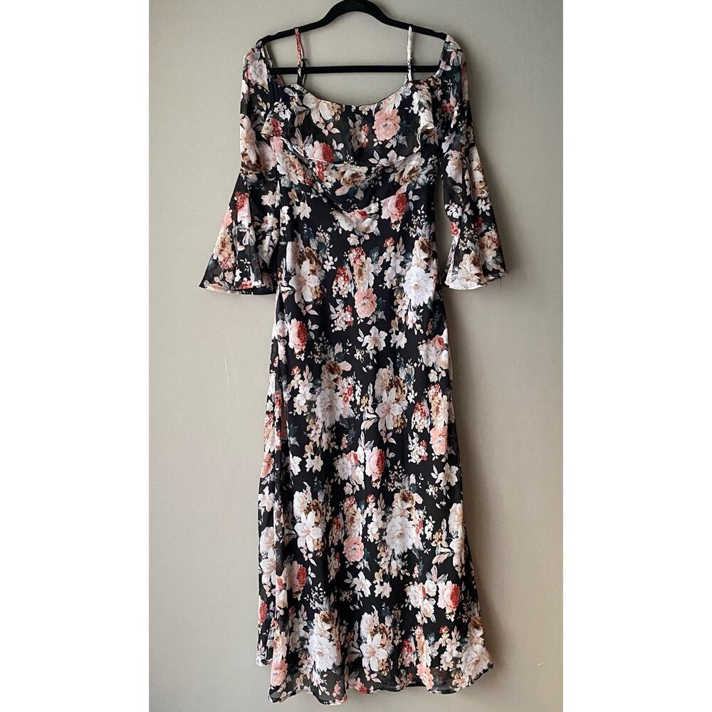 Re:named sz S black pink‎ floral off shoulder maxi sundress